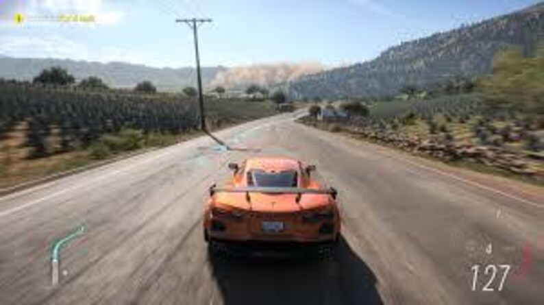 May include: An orange sports car speeds down a paved road, viewed from behind. The car's taillights are visible, and the road stretches into the distance, flanked by fields and hills under a bright sky. The speedometer reads 127.