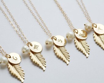Set of 6,Personalized Gold Feather Necklace,Bridesmaid initial necklace,Monogram tag,stamped,custom font,Wedding Jewelry,custom birthstone