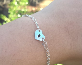 Sterling silver or Gold Heart initial bracelet,Initial monogram bracelet,custom font,bridesmaid bracelet,bridal party,Wedding jewelry gifts