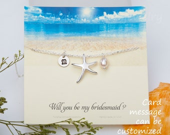 Set of 4,Bridesmaid Starfish bracelet,initial bracelet,custom monogram,Pearl bracelet,Beach Wedding jewelry,Bridal jewelry,personalized note