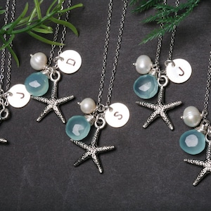 Brautjungfer Geschenke, Set von 4,Starfish Halskette, Beach-Thema Hochzeit, Custom Birthstone und Anfangszeit, Hochzeit Schmuck, Braut Schmuck Geschenk