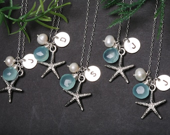 Set of 3,Bridesmaid starfish necklace,hand stamped initial necklace,custom font monogram,Beach Wedding gift,Custom Birthstone,Bridal Jewelry