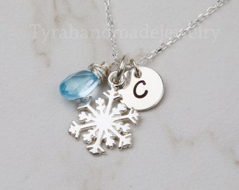 Personalized snowflake necklace,Bridesmaid initial necklace,birthstone necklace,custom font,Winter wedding jewelry gift,custom jewelry note