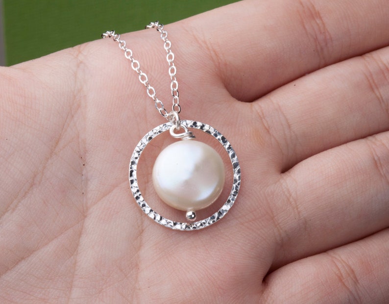 Karma necklace,Coin pearl necklace,bridesmaid gifts,mothers gift,Hammered karma cirle,encircled coin pearl,best friend gift,circle pendant image 4