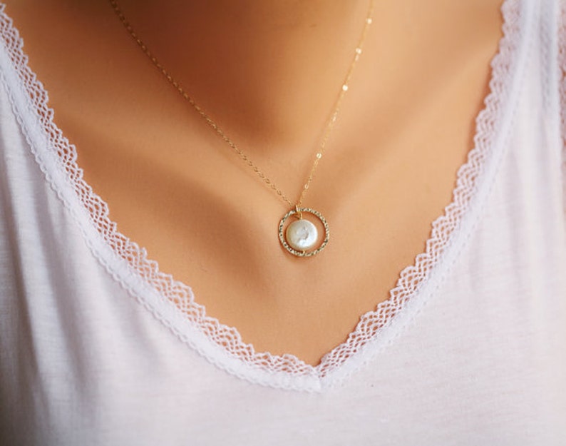 Karma necklace,Coin pearl necklace,bridesmaid gifts,mothers gift,Hammered karma cirle,encircled coin pearl,best friend gift,circle pendant image 2