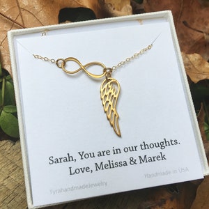 Infinity engel vleugel ketting, goud of zilver engel vleugel ketting, geheugen vleugel ketting, bruidsmeisje geschenken, Anniversary Gift, aangepaste sieraden kaarten