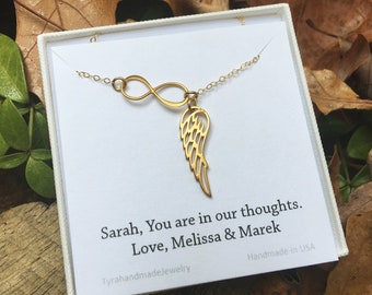 Infinity Angel Wing necklace,Gold or Silver angel wing necklace,Memory wing necklace,Bridesmaid gifts,anniversary gift,custom jewelry cards