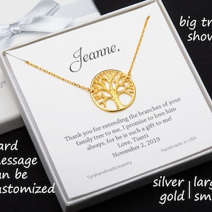 Madre del regalo del novio, regalo de la suegra, regalo de la madre de la novia, collar de árbol genealógico, árbol de la vida, regalo del día de la madre, tarjeta de joyería personalizada