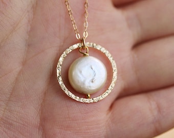 Karma necklace,Coin pearl necklace,bridesmaid gifts,mothers gift,Hammered karma cirle,encircled coin pearl,best friend gift,circle pendant