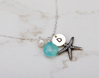 Starfish necklace personalized with Initial stone,Monogram jewelry,Bridesmaid Gift,birthday gift,Beach theme Wedding,custom note card