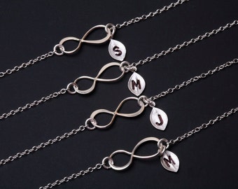 Set of 4,Infinity initial bracelet,leaf Initial bracelet,custom monogram,custom bridal gift,sisterhood,friendship bracelet,wedding jewelry
