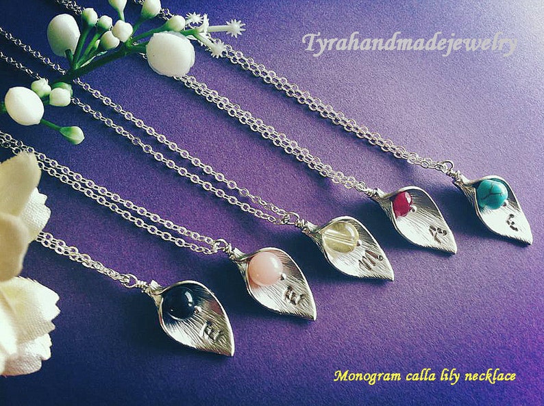 Set of 7,Personalized,Monogram necklace,Calla lily necklace,custom initial /& birthstone,bridal Wedding Jewelry,Flower girl gift,Bridesmaid