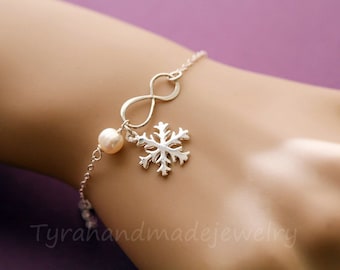 Snowflake infinity pearl bracelet,winter wedding gift,Xmas winter gift,Best friends,snowflake and infinity,bridesmaid gift,best friend gift