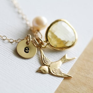 Personalized bird necklace,bird initial necklace,gold or silver,custom birthstone,Grandma,Mother bird Jewelry,Mother's day gift,Family Bird