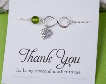 Thank you for being my second mother,Godmother gift,Lucky lotus infinity love sterling silver bracelet,Yoga lotus bracelet,Mother in law