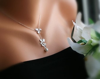 Regali damigella d'onore, set di 6, fiore di orchidea e collana di perle swarovski, Lariat, gioielli da sposa, flower girl, gioielli floreali