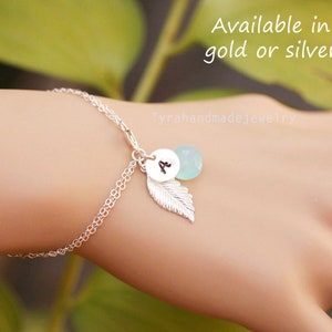 Personalisierte Feder Armband, Feder erste Armband, Brautjungfer Geschenk, benutzerdefinierte Geburtsstein, benutzerdefinierte Schrift Monogramm, Herbst Herbst Hochzeit Schmuck