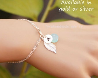 Personalized feather bracelet,feather initial bracelet,Bridesmaid gift,custom birthstone,custom font monogram,Fall autumn wedding jewelry