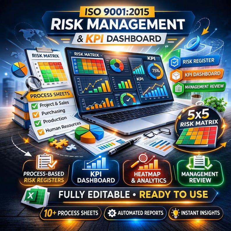 ISO9001 Risk Management Excel Template KPI Dashboard Matrix Register ...