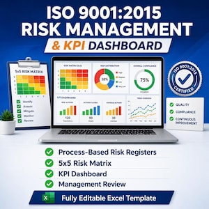 ISO9001 Risk Management Excel Template KPI Dashboard Matrix Register Quality System Analysis Tool Editable