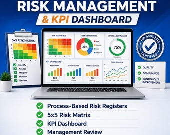 ISO9001 Risk Management Excel Template KPI Dashboard Matrix Register Quality System Analysis Tool Editable