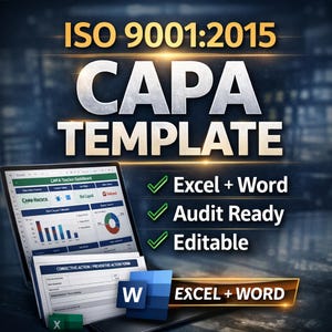 May include: A digital graphic promoting a CAPA template, with the text "ISO 9001:2015 CAPA TEMPLATE." The image includes a laptop displaying a dashboard, along with Microsoft Word and Excel logos. Text highlights features: Excel + Word, Audit Ready, and Editable.