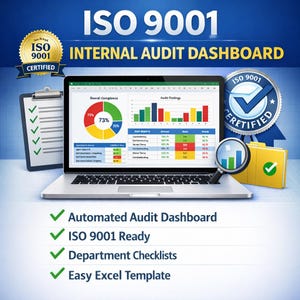 May include: A laptop displaying an internal audit dashboard with charts and data, alongside a clipboard, a magnifying glass, and a folder. The image includes "ISO 9001" and "Certified" badges, and the text "Automated Audit Dashboard".