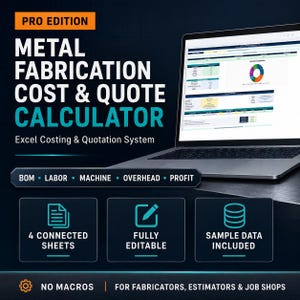 Könnte beinhalten: Ein Laptop mit einer Metal Fabrication Cost & Quote Calculator Kalkulationstabelle. Die Benutzeroberfläche enthält Abschnitte für BOM, Labor, Machine, Overhead und Profit. Es umfasst 4 verbundene Tabellenblätter, ist bearbeitbar und enthält Beispieldaten.