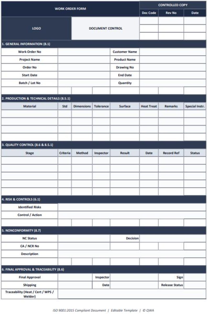 Factory Work Order ISO 9001 Work Order Template Excel | Manufacturing Production Form ...