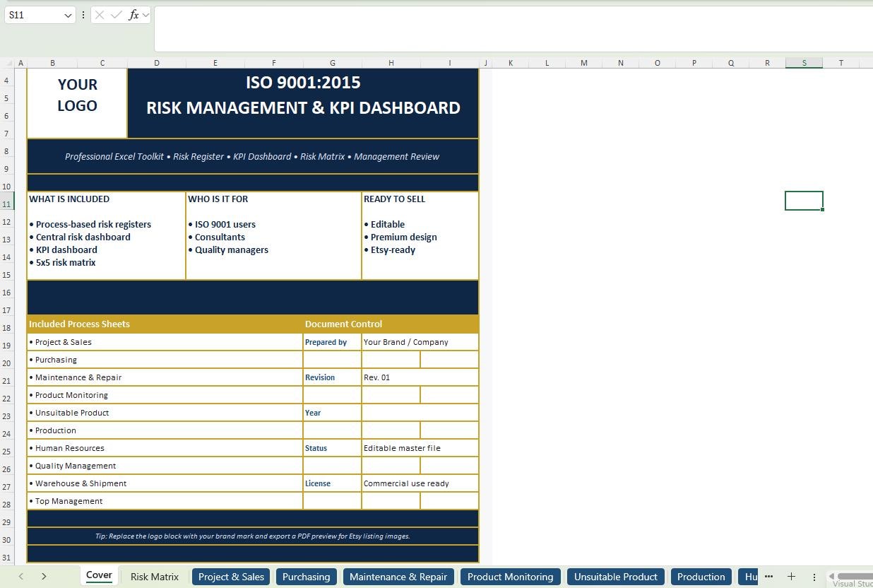 ISO9001 Risk Management Excel Template KPI Dashboard Matrix Register ...