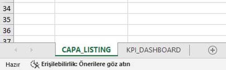 May include: Screenshot of a spreadsheet program interface. The tab labeled "CAPA_LISTING" is highlighted in green. Other tabs include "KPI_DASHBOARD" and a plus sign. The bottom left corner displays "Hazır" and accessibility information.