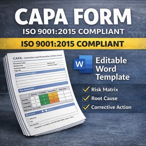 May include: A stack of CAPA (Corrective and Preventive Action) forms, ISO 9001:2015 compliant. The forms include sections for risk assessment, nonconformity description, and corrective actions. The image also features a Word template icon and checkmarks for key features.