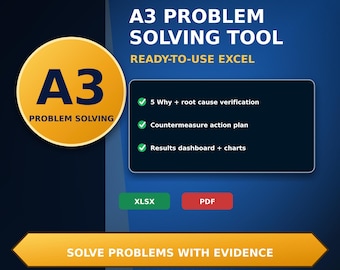 A3 Problem Solving Excel Template, Root Cause Analysis, 5 Why and Action Plan
