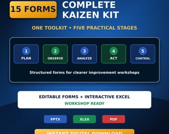 Kaizen Forms Pack | 15 Editable PowerPoint Workshop Templates , Interactive Excel Tool | Lean Manufacturing