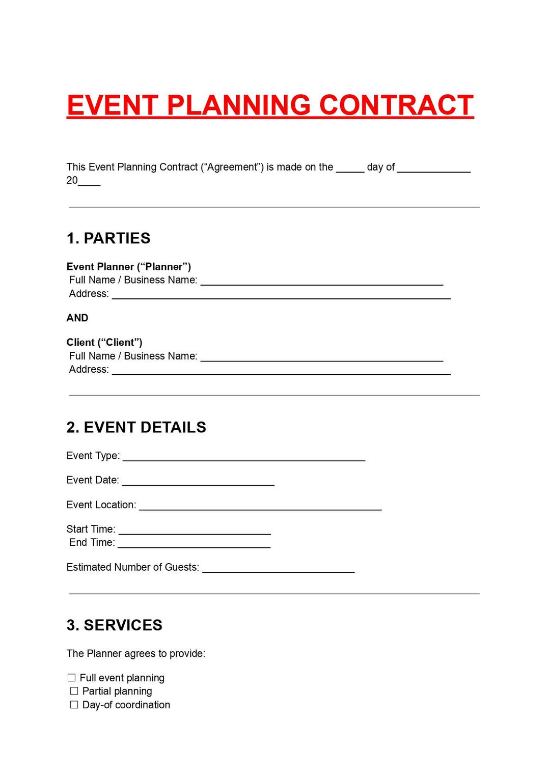 Event Planning Contract Template Editable DOC PDF - Etsy