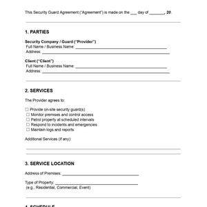 May include: A white document titled "SECURITY GUARD AGREEMENT" with red text. The document includes sections for parties, services, service location, and schedule. It has fill-in-the-blank lines for details.