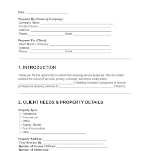 May include: A cleaning service proposal template with a red header that reads "CLEANING SERVICE PROPOSAL." The document includes sections for company and client information, an introduction, and details about property needs.