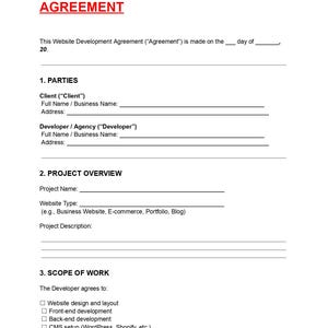 Puede incluir: Un formulario de Acuerdo de Desarrollo de Sitio Web con el título "WEBSITE DEVELOPMENT AGREEMENT" en rojo. El documento incluye secciones para las partes, descripción general del proyecto y alcance del trabajo, con líneas en blanco para detalles.
