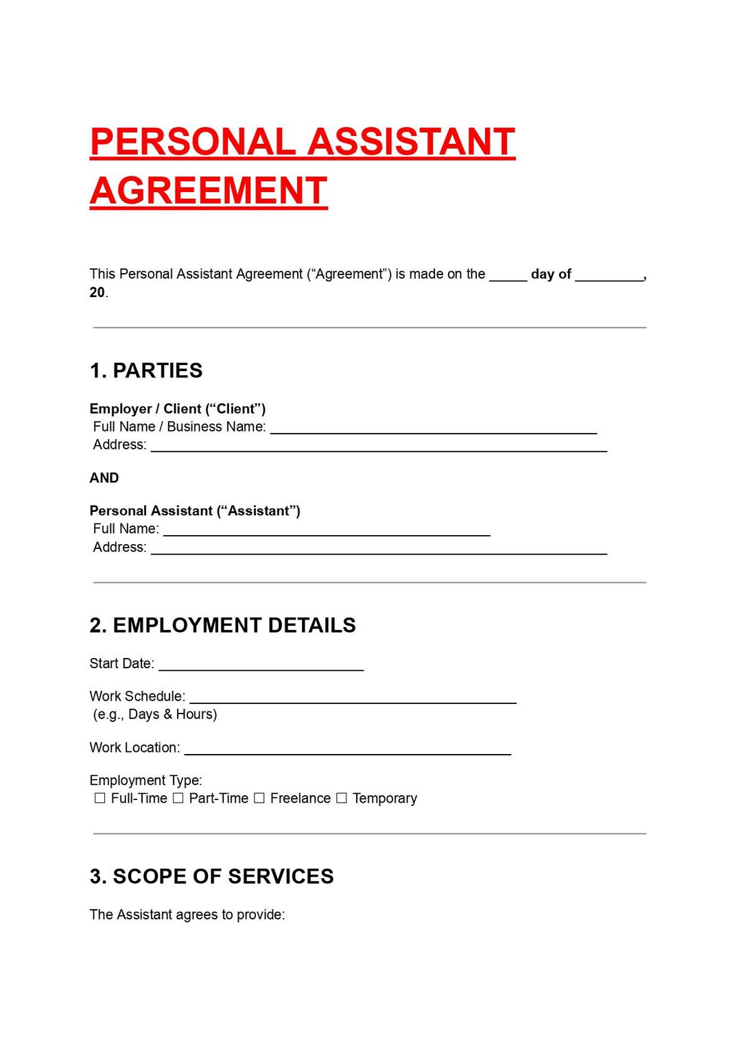 Personal Assistant Agreement Template Editable DOC PDF, Virtual ...