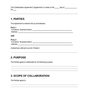 May include: A white document with the title "COLLABORATION AGREEMENT" in red. The document is a template for a collaboration agreement, with sections for parties, purpose, and scope, and blank lines for information.