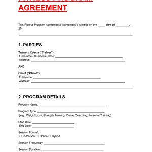 Vorlage für die Fitnessprogrammvereinbarung Bearbeitbares DOC PDF, persönlicher Trainingsvertrag, Trainingsplanform