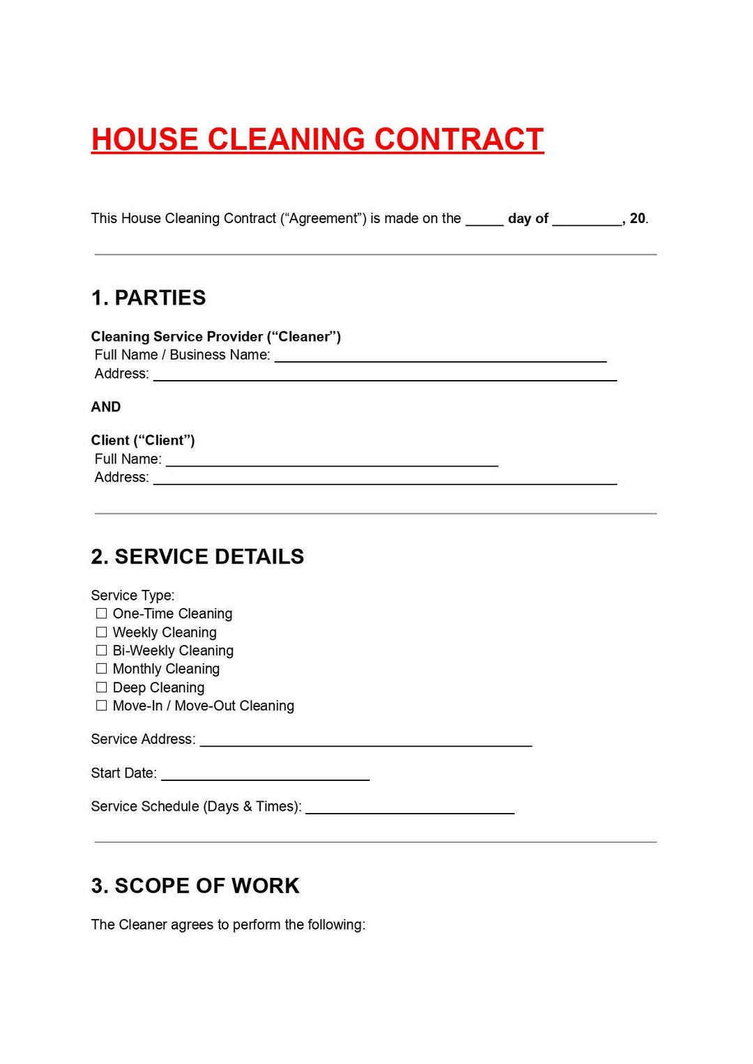 House Cleaning Contract Template Editable DOC PDF, Cleaning Service ...