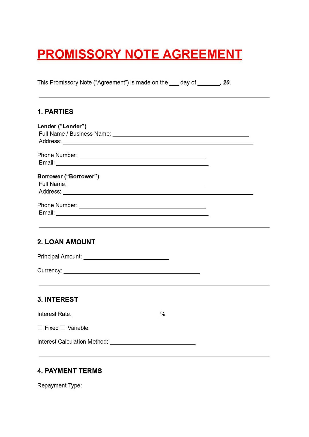 Promissory Note Agreement Template Editable Loan Contract Doc PDF - Etsy