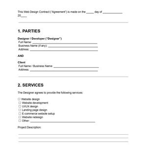 Op de afbeelding: Een webdesign contractovereenkomst document met de titel "WEB DESIGN CONTRACT AGREEMENT" in het rood. Het document bevat secties voor partijen, diensten en projectomvang, met invulbare velden.