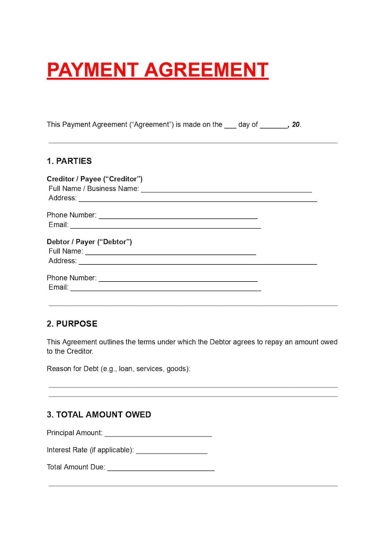 Payment Agreement Template Editable Installment Contract Doc PDF - Etsy