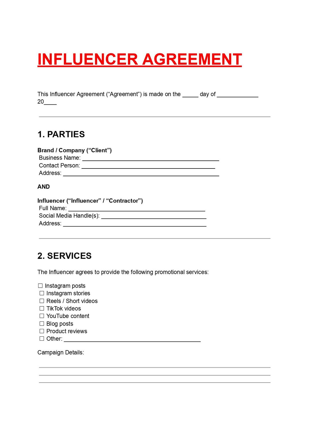 Influencer Agreement Template Editable DOC PDF Etsy UK