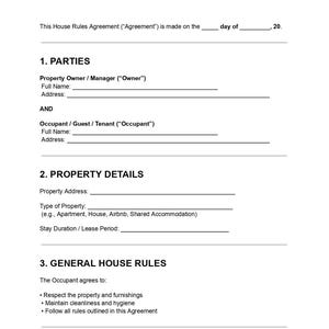 Könnte beinhalten: Ein weißes Dokument mit dem Titel "HAUSREGELN VEREINBARUNG" mit rotem Text. Das Dokument enthält Abschnitte für Parteien, Immobiliendetails, allgemeine Hausregeln und Ruhezeiten. Es ist eine Vorlage für einen Mietvertrag.