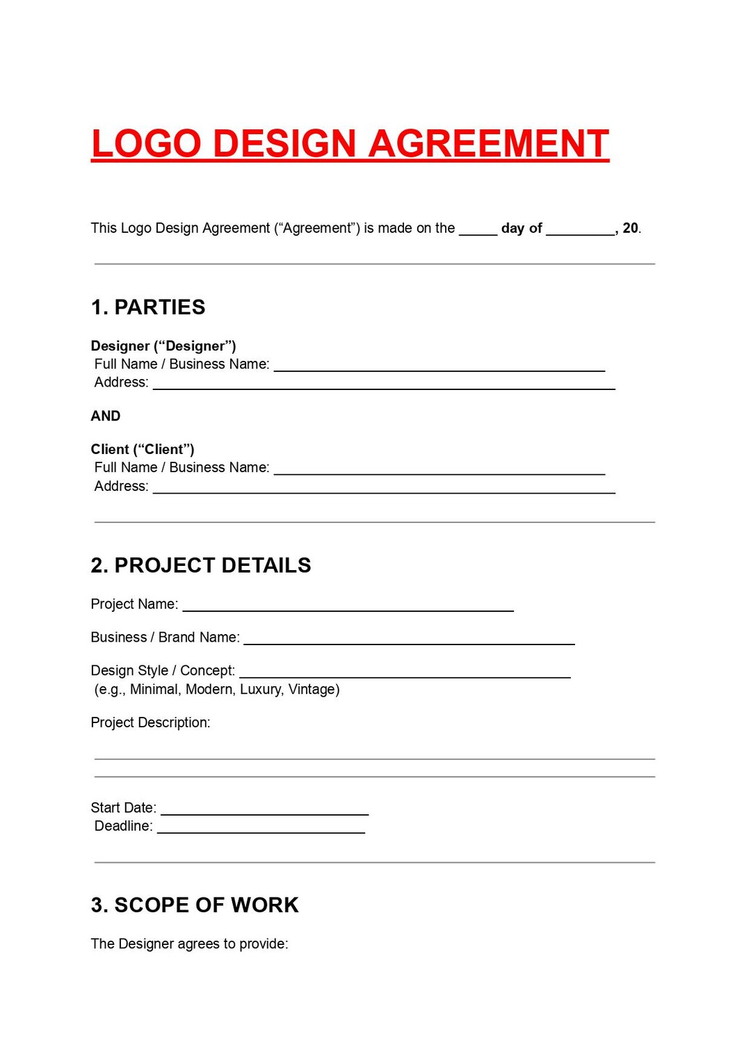 Logo Design Agreement Template Editable DOC PDF, Branding Contract ...