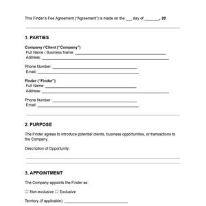 May include: A white document titled "FINDER'S FEE AGREEMENT" with red text. The document includes sections for parties, purpose, appointment, and finder's role, with blank lines for information.