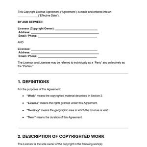 May include: A white document titled "COPYRIGHT LICENSE AGREEMENT" with red text. The document includes sections for Licensor and Licensee information, definitions, and a description of copyrighted work. Lines are provided for filling in details.